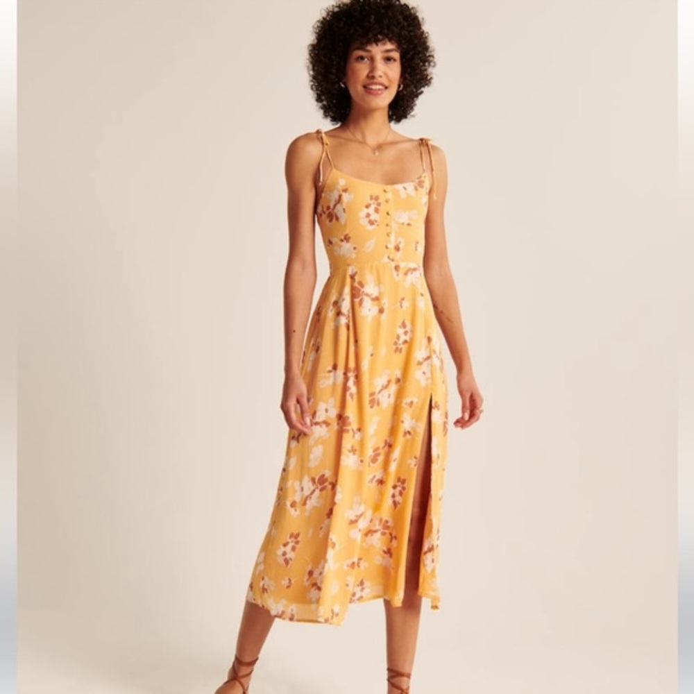 Abercrombie & Fitch Tie-Strap Corset Midi Dress in Orange Print